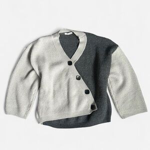 Japanese Asymmetric Two-Tone Grey Knit Cardigan